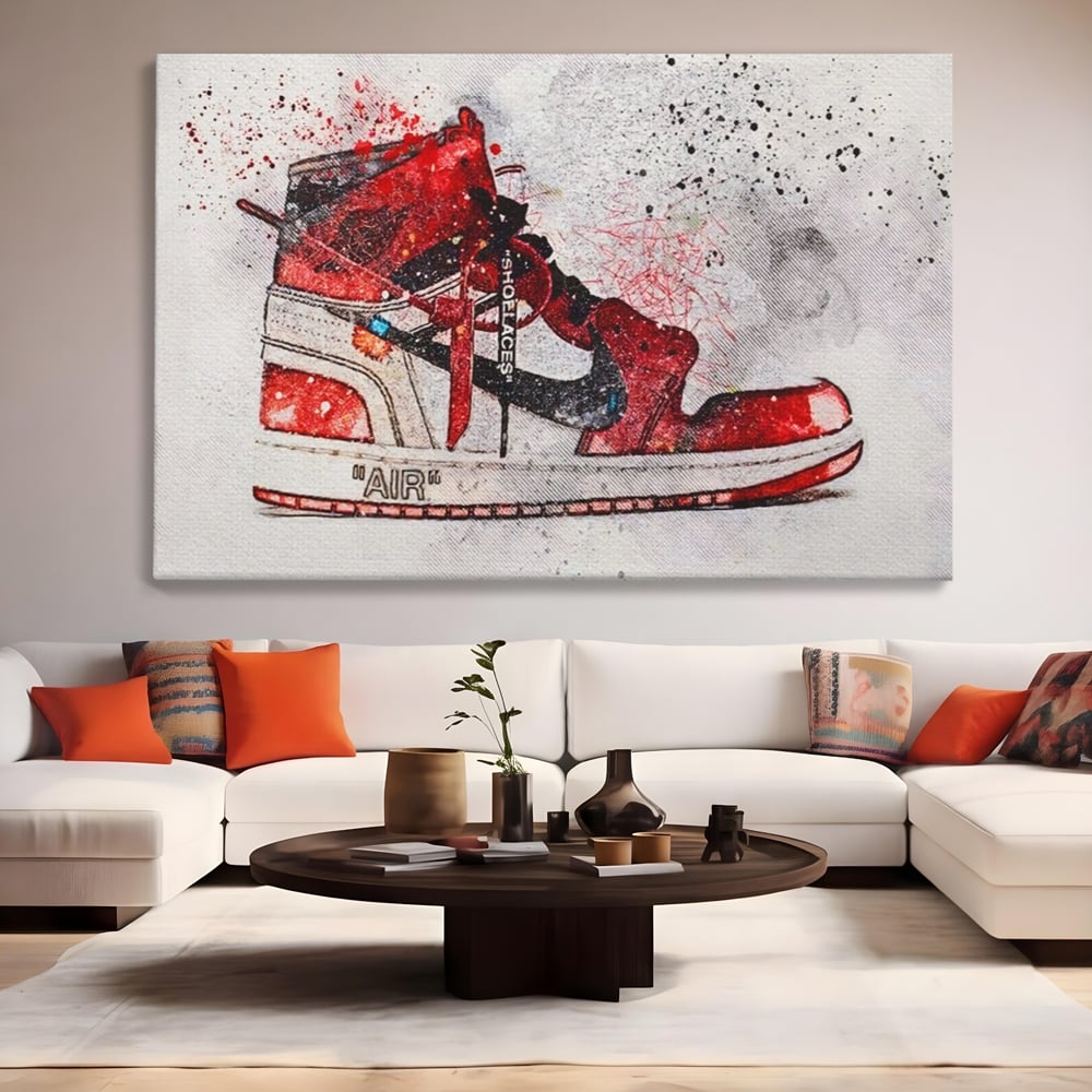 Tablou canvas cu tablou canvas cu pantof sport rosu, fara rama, pe sasiu de lemn, pe perete intr-un living
